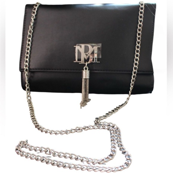 BADGLEY MISHKA - Black Vegan Leather with Gun Metal Hardware Logo, Tassel, Strap - Picture 14 of 16